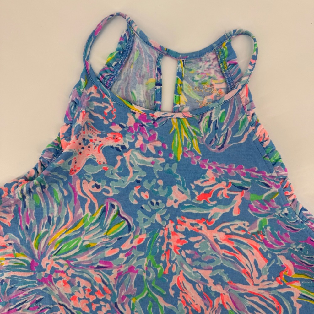 Lilly Pulitzer Tank Top Women S Blue Multi Tropical Ruffle Halter Keyhole Back